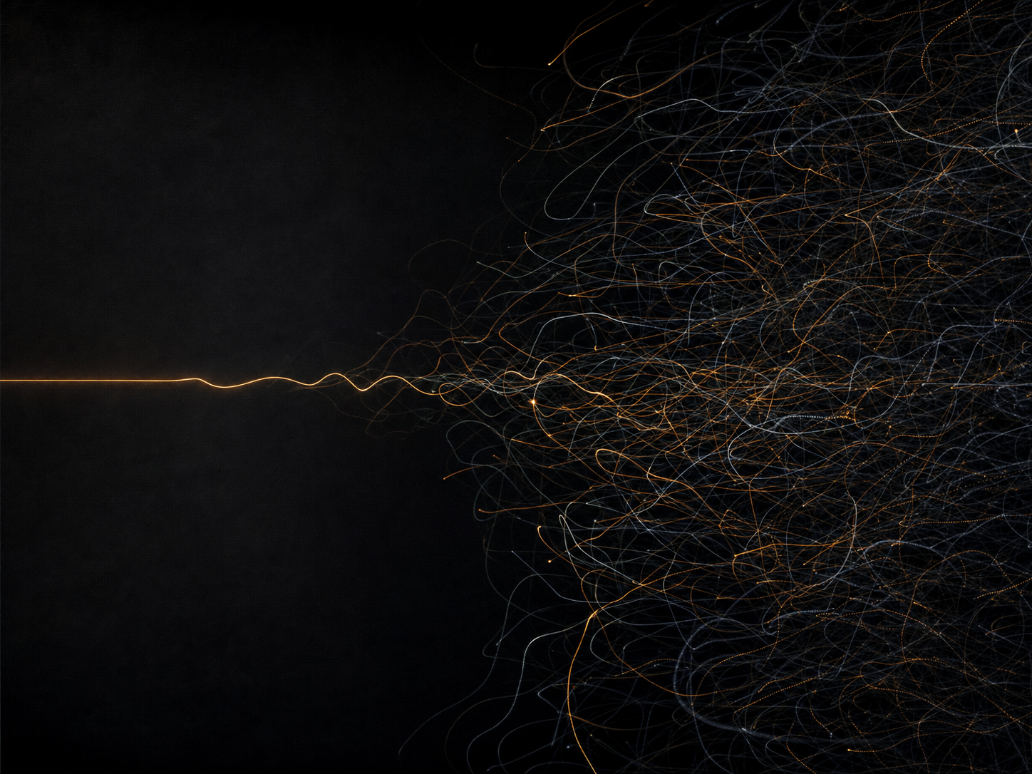 Abstract image of many tangled, chaotic threads of light resolving into a single calm line, representing cognitive overload resolving into clarity