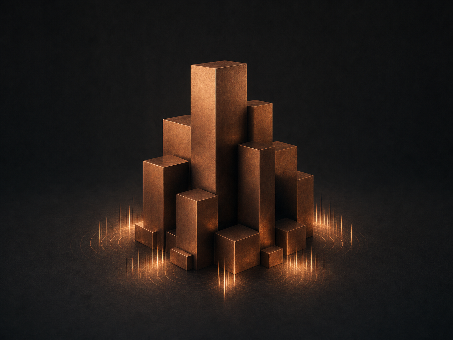 Abstract image of self-contained sculptural geometric blocks radiating short contained waveform light, representing sovereign on-device compute with no outside network dependency