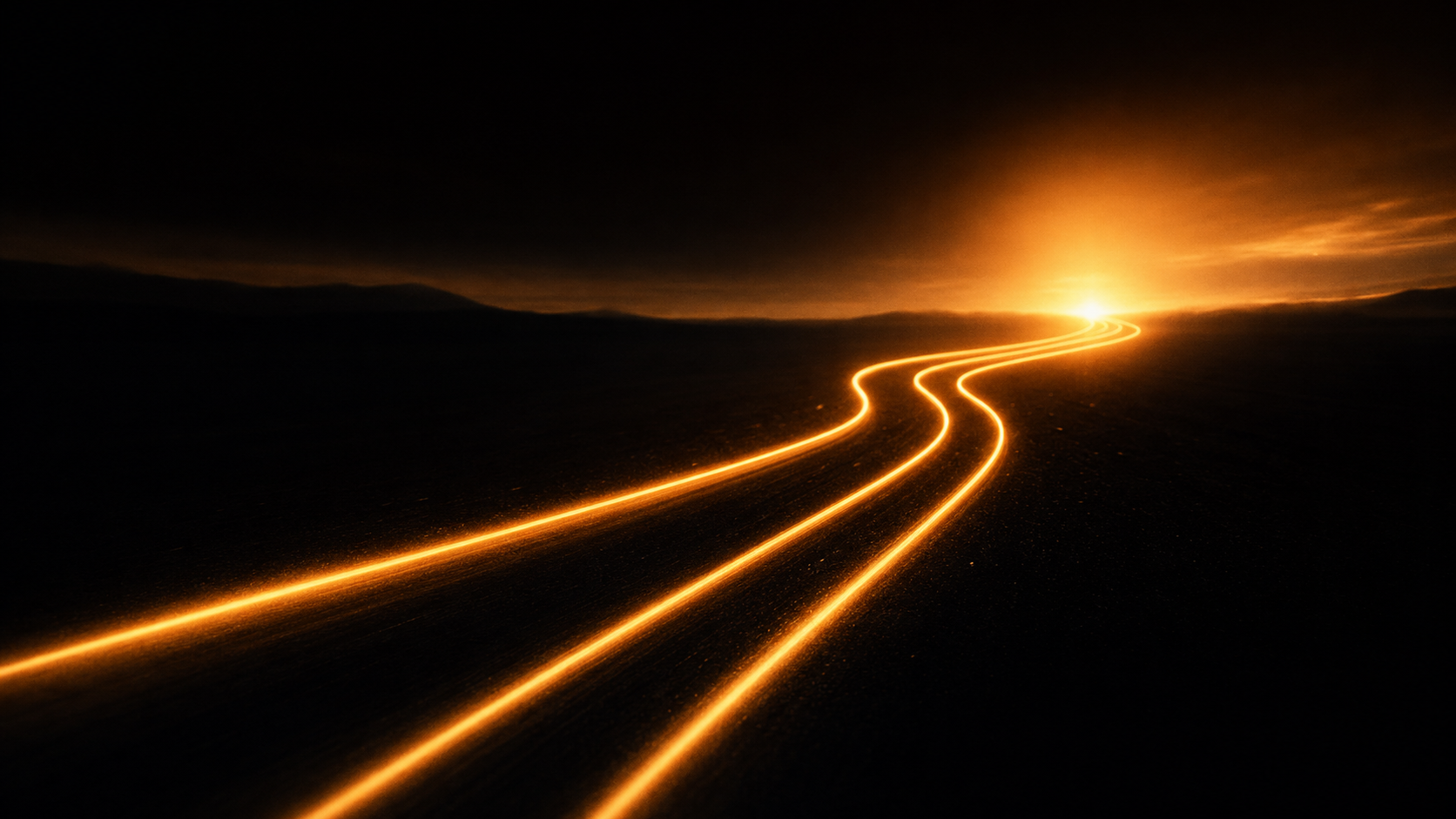 Abstract image of a single warm light path multiplying into three parallel threads as it travels toward a bright horizon, evoking a hopeful path forward